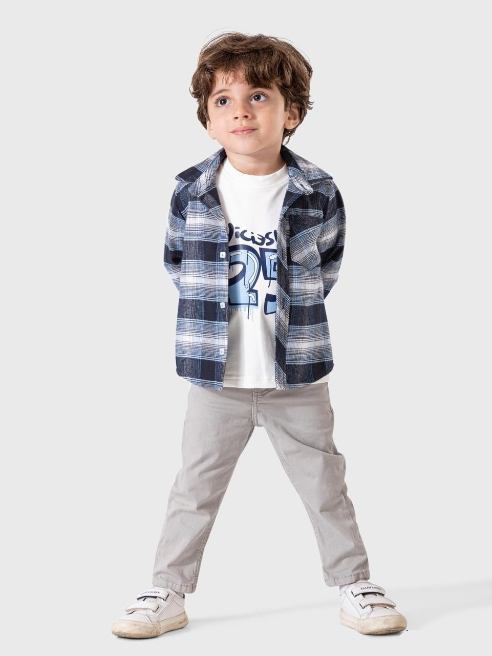 طقم ملابس صبياني للأطفال بطبقات منقوشة باللون الكحلي - أناقة ودفء لطفلك!