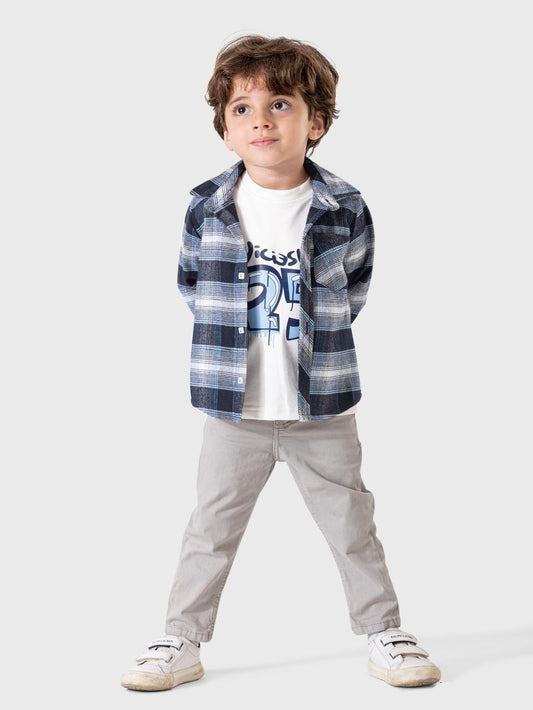 طقم ملابس صبياني للأطفال بطبقات منقوشة باللون الكحلي - أناقة ودفء لطفلك!