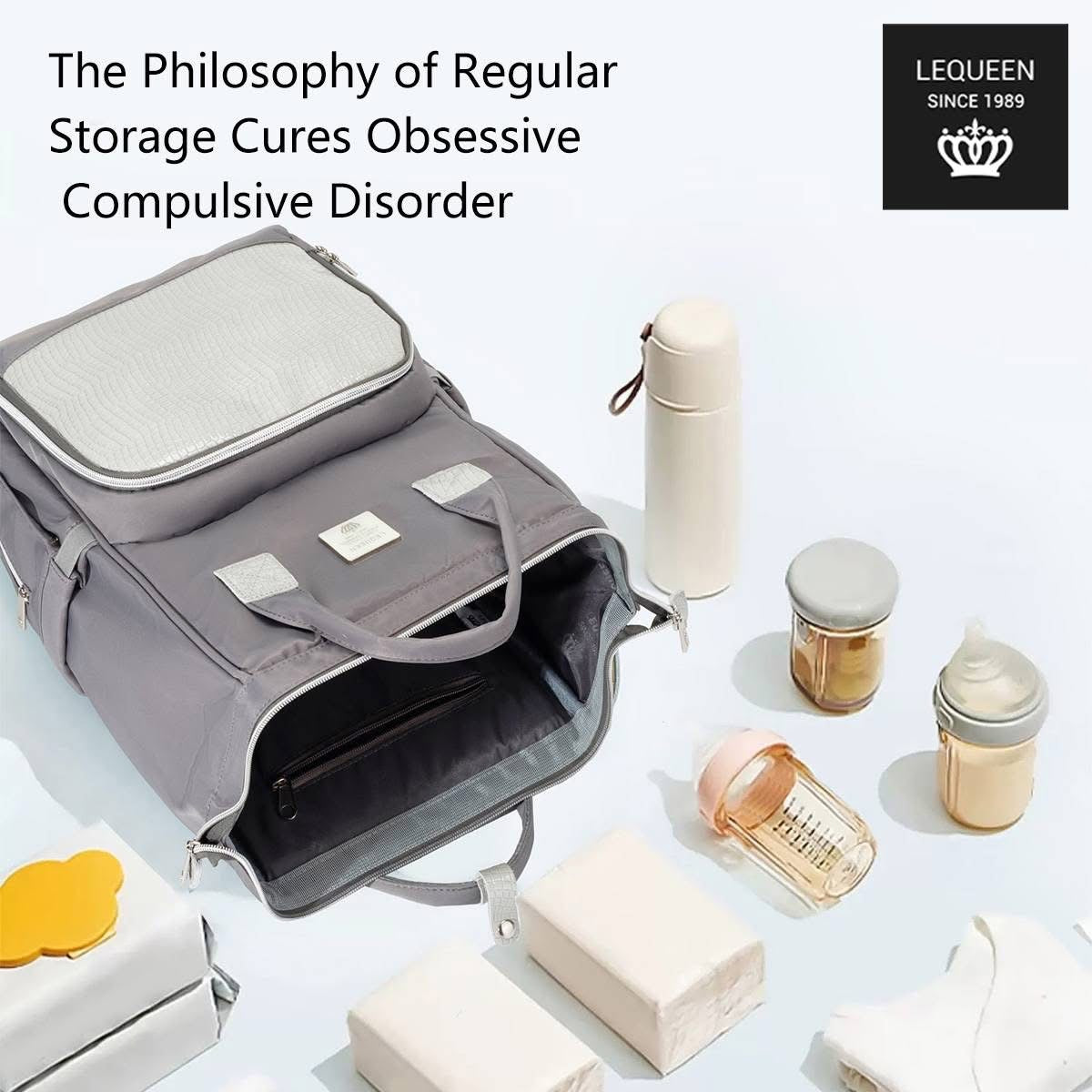 Lequeen Diamond 7TH Edition Waterproof Original mommy bag - الجيل السابع بلس الدايموند من ليكوين جلد طبيعي رصاصي image 1