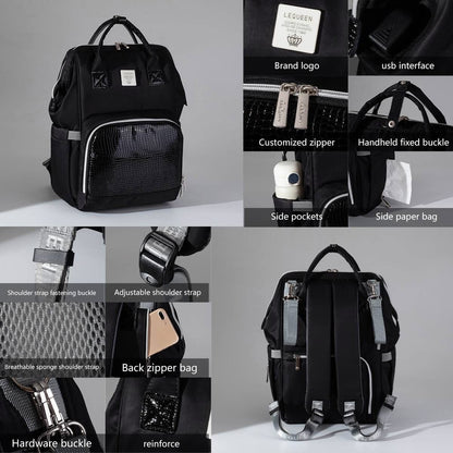 Lequeen Diamond 7TH Edition Waterproof Original mommy bag - الجيل السابع الدايموند من ليكوين جلد طبيعي اسود image 7