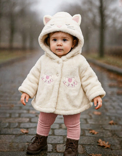 معطف شتوي فاخر للأطفال من الفرو الناعم بتصميم "القطة الوديعة" – دافئ وأنيق