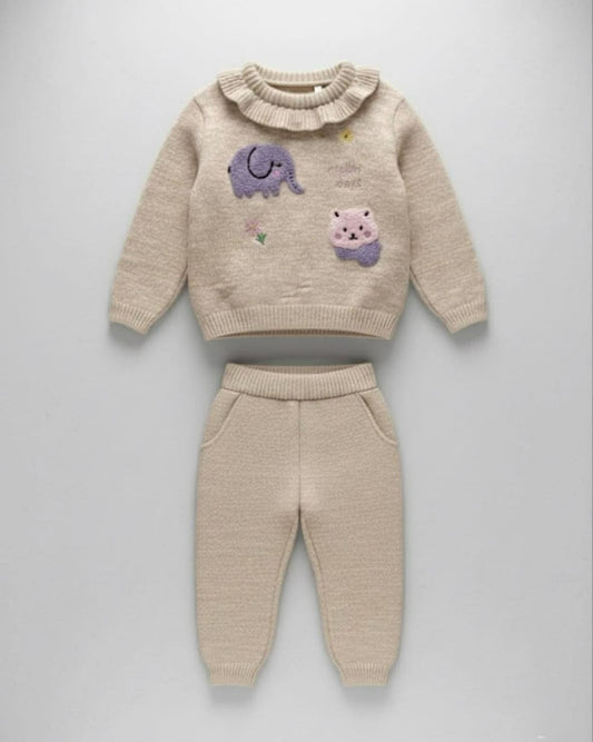 Toddler Knitted Ruffle Sweater & Pants Set with Elephant Embroidery