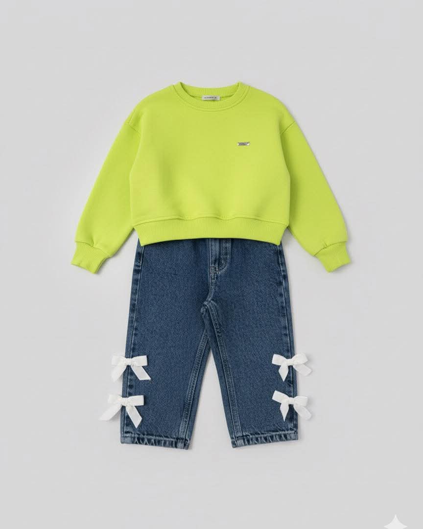 Girls' Cozy Hot Green Bow Sweatshirt & Denim Jeans Set