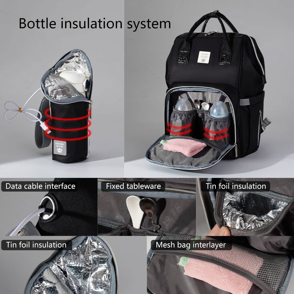 Lequeen Diamond 7TH Edition Waterproof Original mommy bag - الجيل السابع الدايموند من ليكوين جلد طبيعي اسود image 6
