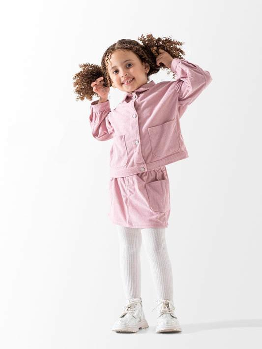 طقم خروج بناتي قطيفة مضلع فاخر (قطعتين) - جاكيت وجيبه  - لون وردي