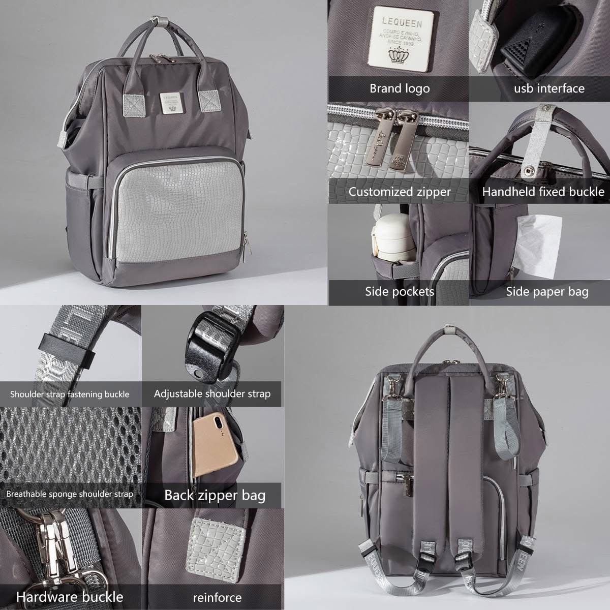 Lequeen Diamond 7TH Edition Waterproof Original mommy bag - الجيل السابع بلس الدايموند من ليكوين جلد طبيعي رصاصي image 8