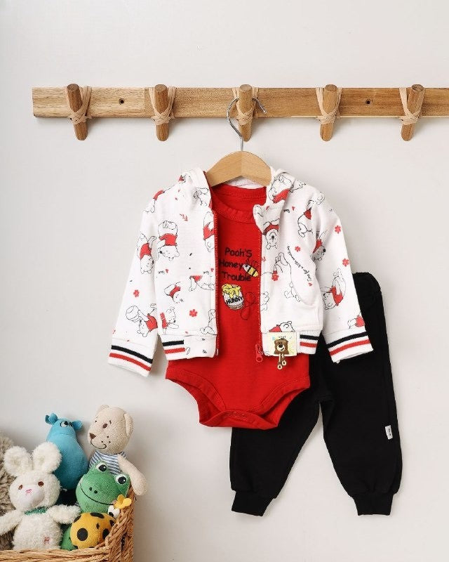 طقم بيجامه بيبي 3قطع جاكيت بووه ابيض احمر