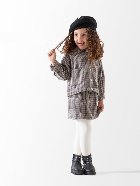 طقم شتوي كلاسيكي للفتيات - جاكيت وتنورة بنقشة المربعات (كاروهات)