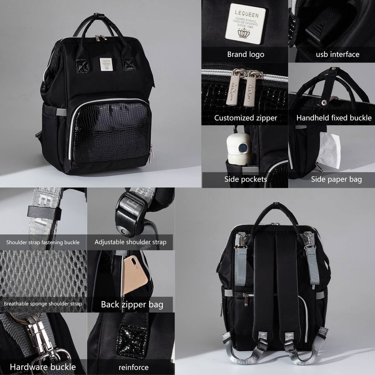 Lequeen Diamond 7TH Edition Waterproof Original mommy bag - الجيل السابع بلس الدايموند من ليكوين جلد طبيعي كحلي image 7