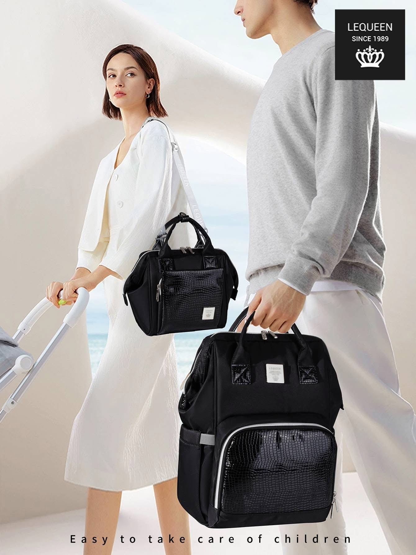 Lequeen Diamond 7TH Edition Waterproof Original mommy bag - الجيل السابع بلس الدايموند من ليكوين جلد طبيعي كحلي image 5