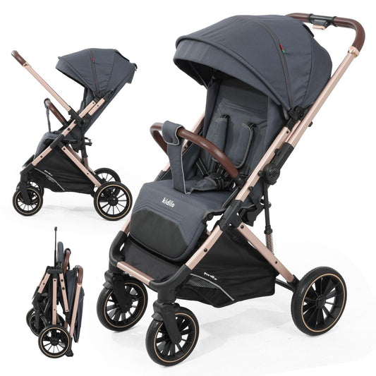 عربة الأطفال الفاخرة "كيديلو" (Kidilo 6530PRO) – أناقة اللون الرصاصي مع لمسات الذهب الوردي العصرية