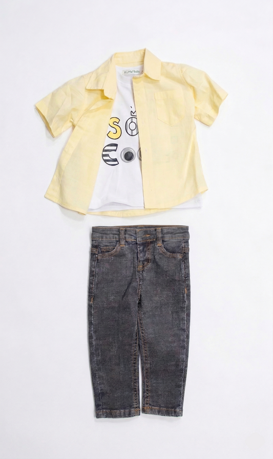 طقم أولادي مكون من قميص مخطط اصفر وتيشيرت مطبوع وبنطلون جينز