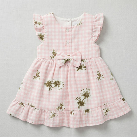 فستان أطفال وردي منقوش ومزيّن بزهور رقيقة