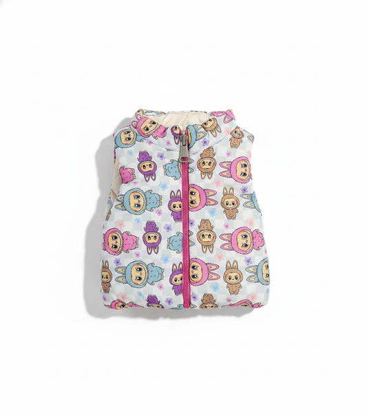 جاكيت نفخ للأطفال قابل للارتداء على الوجهين - من لون بيج سادة إلى رسوم كرتونية ملونة لشخصية لابوبو