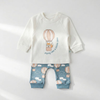 طقم بيجامة أطفال قطن - تصميم المنطاد الطائر - مريح وناعم