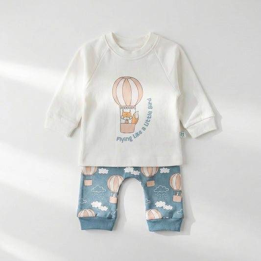 طقم بيجامة أطفال قطن - تصميم المنطاد الطائر - مريح وناعم
