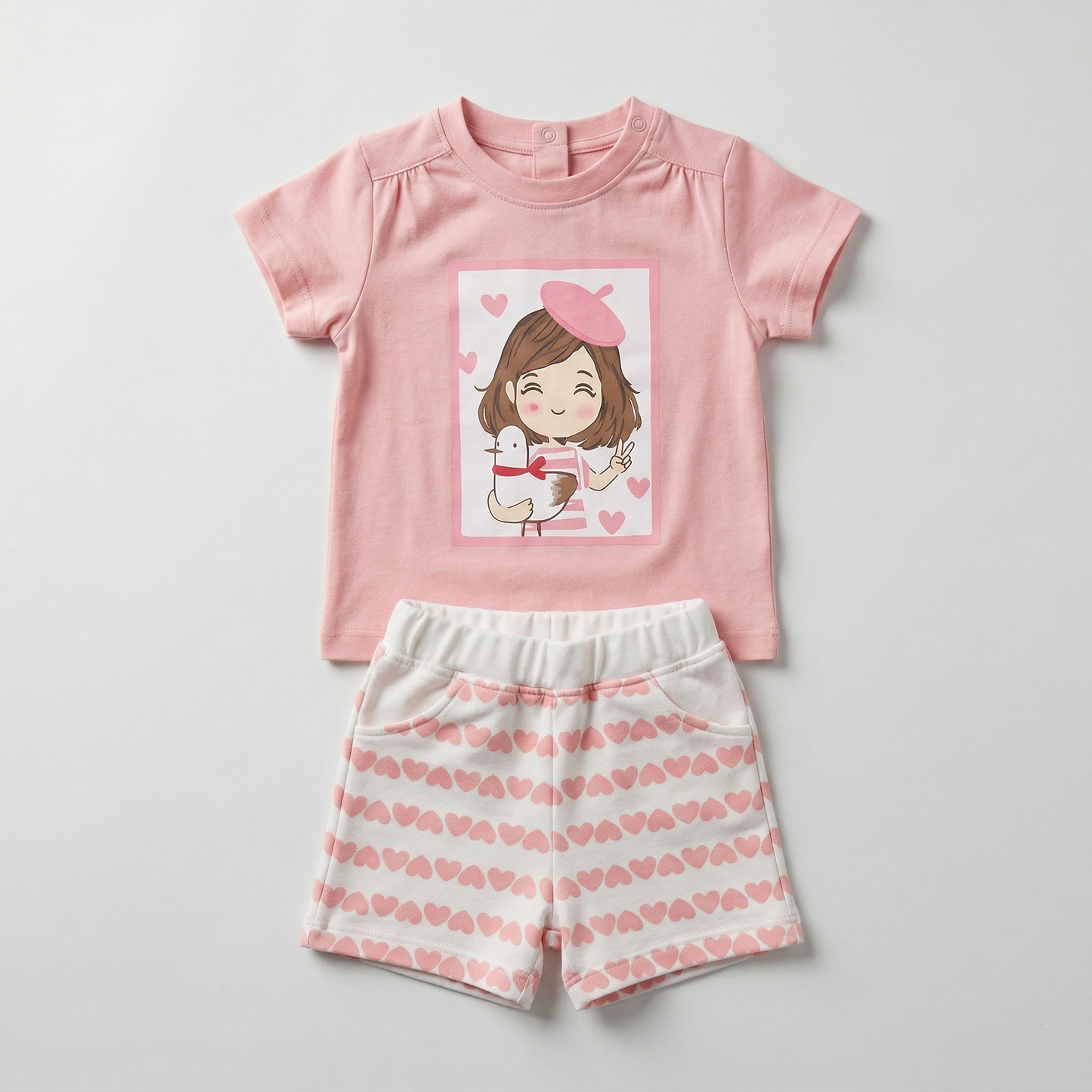 طقم اطفال صيفي : تي شيرت و شورت بينك