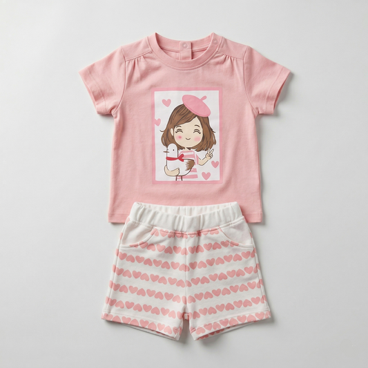 طقم اطفال صيفي : تي شيرت و شورت بينك