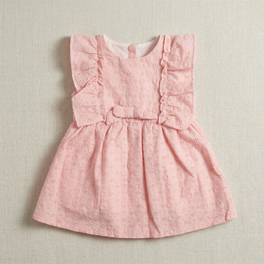 فستان أطفال قطن مطرز باللون الوردي مع كشكشة وفيونكة