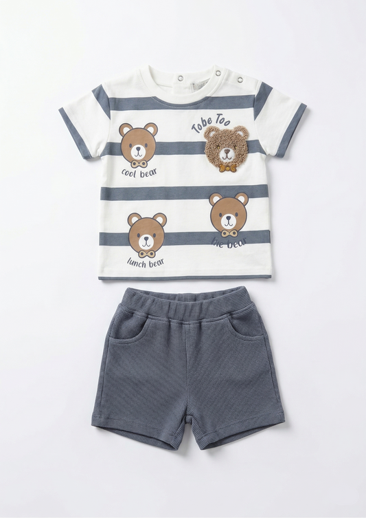 طقم صيفي قطعتين: تيشيرت مقلم  دببة  وشورت