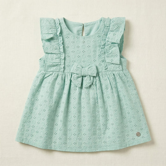 فستان أطفال قطن مطرز باللون الاخضر مع كشكشة وفيونكة