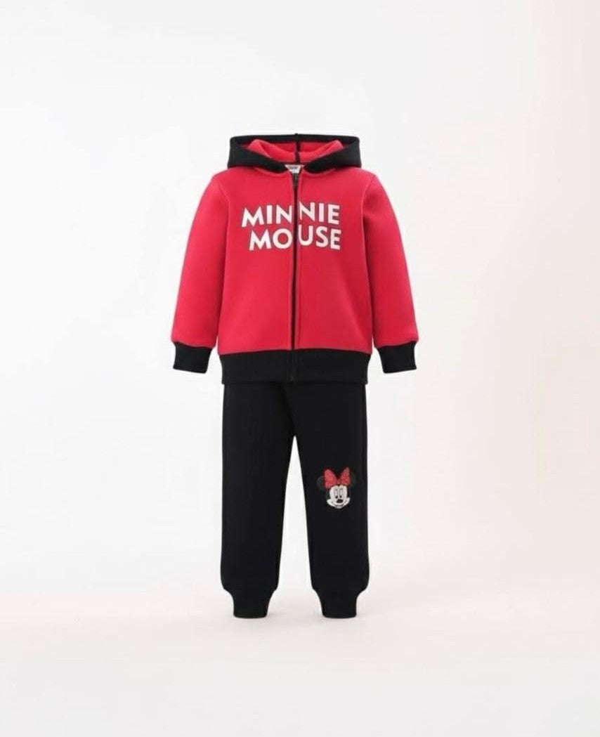 طقم بدلة رياضية بغطاء رأس باللونين الأحمر والأسود للفتيات من ديزني بتصميم ميني ماوس