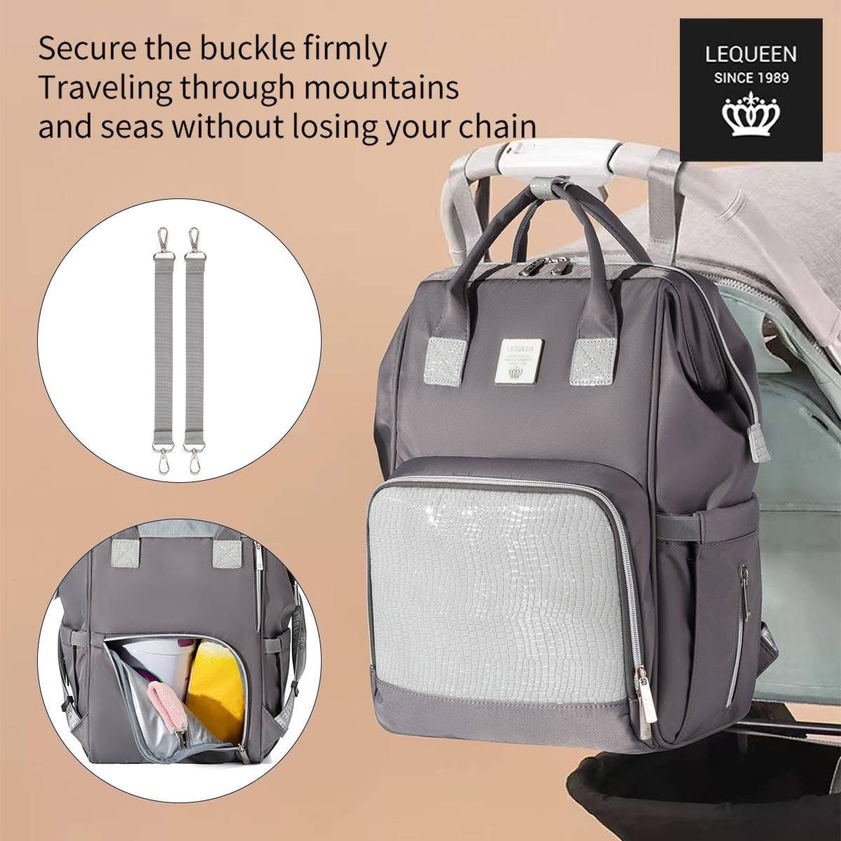 Lequeen Diamond 7TH Edition Waterproof Original mommy bag - الجيل السابع الدايموند من ليكوين جلد طبيعي رصاصي image 7