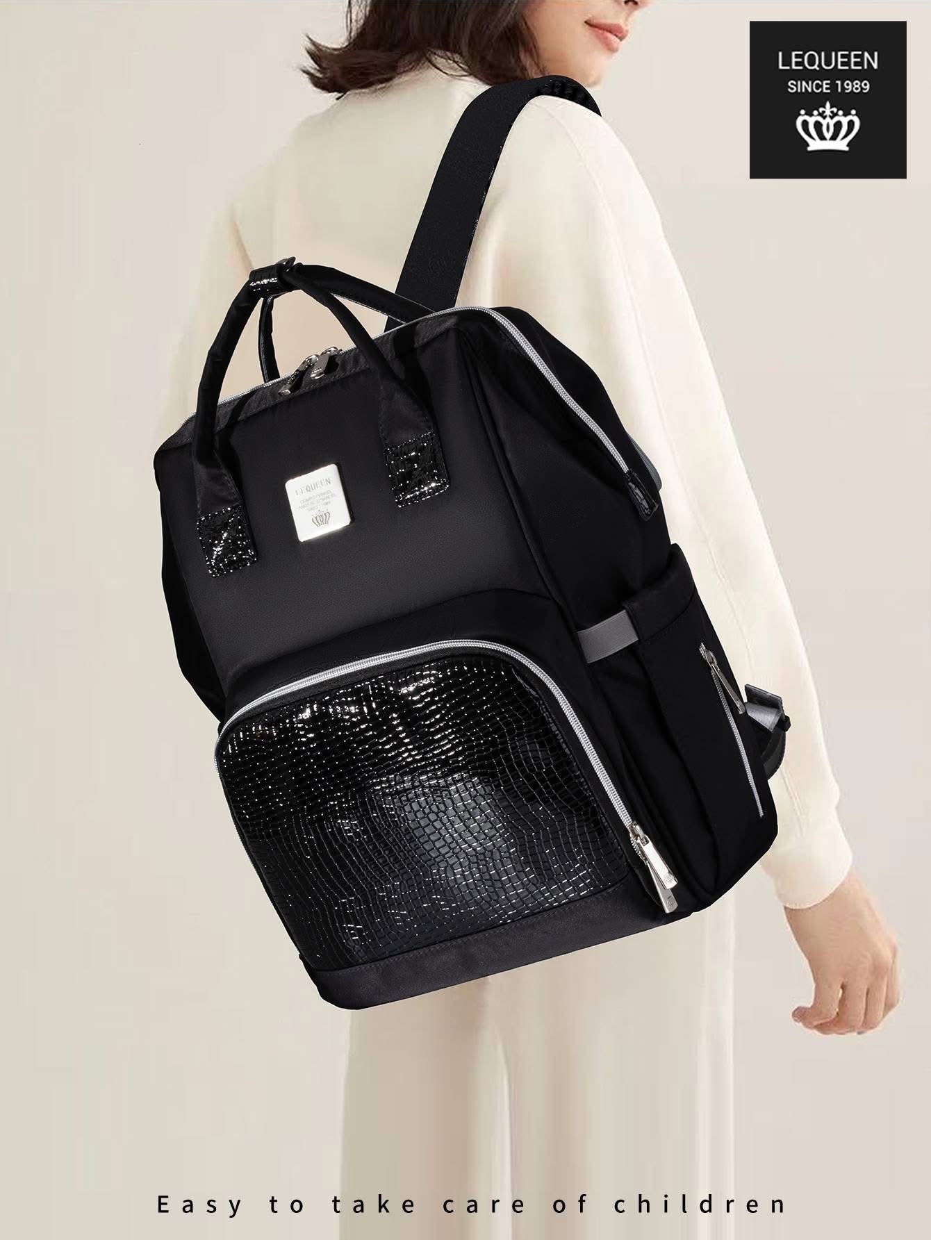 Lequeen Diamond 7TH Edition Waterproof Original mommy bag - الجيل السابع الدايموند من ليكوين جلد طبيعي اسود image 2