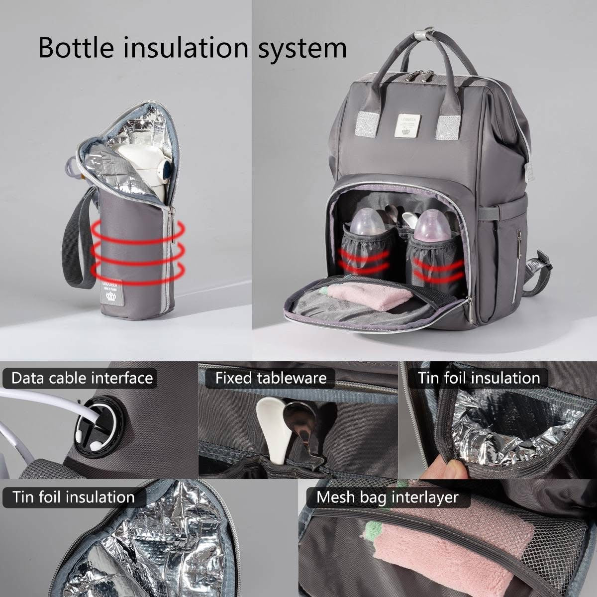 Lequeen Diamond 7TH Edition Waterproof Original mommy bag - الجيل السابع الدايموند من ليكوين جلد طبيعي رصاصي image 6