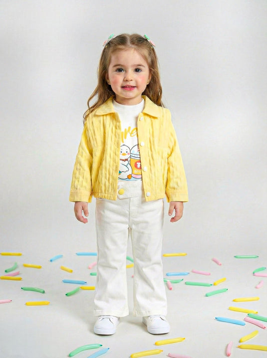 طقم بناتي 3 قطع: جاكيت أصفر مبطن مع تيشرت مطبوع وبنطلون أبيض