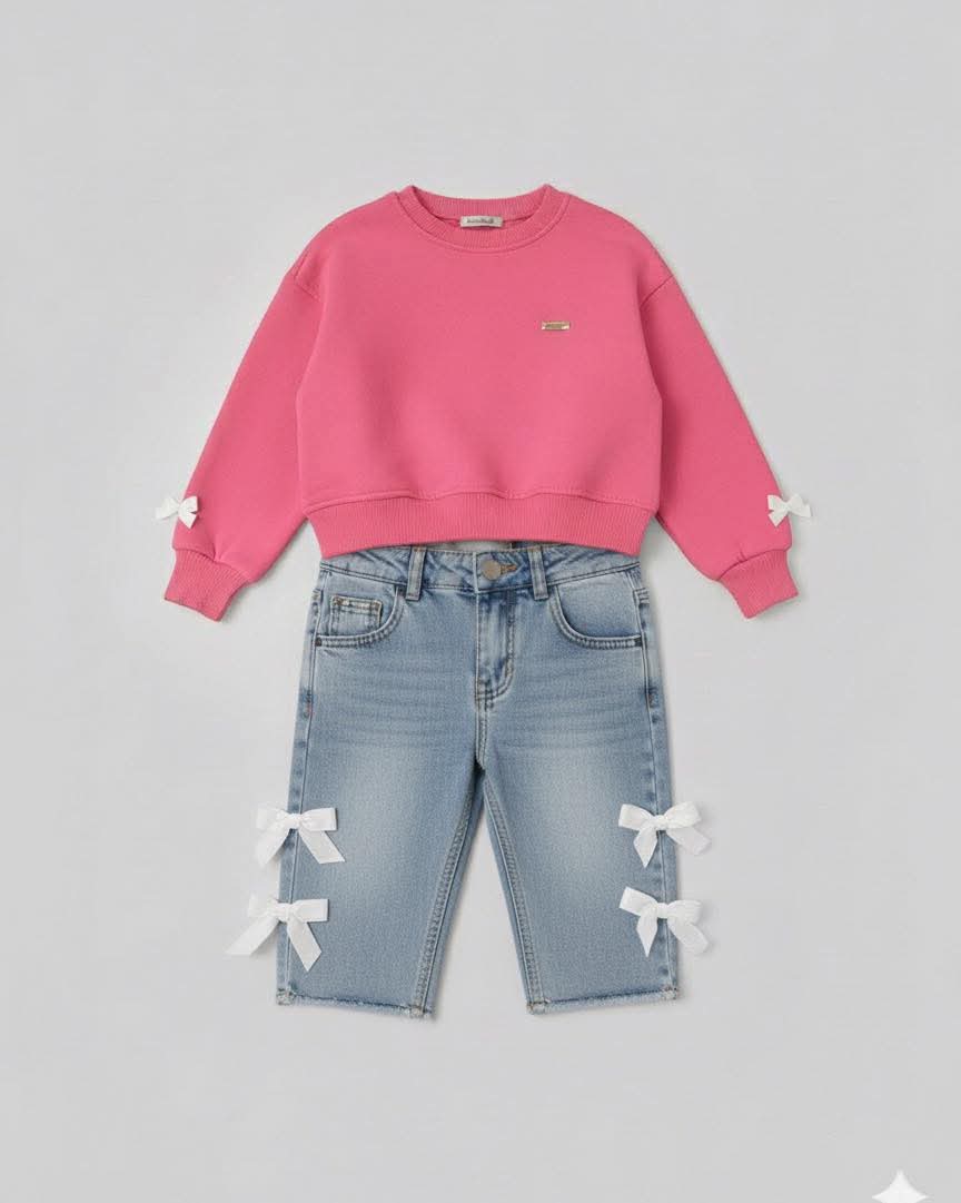 Girls' Cozy Hot Pink Bow Sweatshirt & Denim Jeans Set