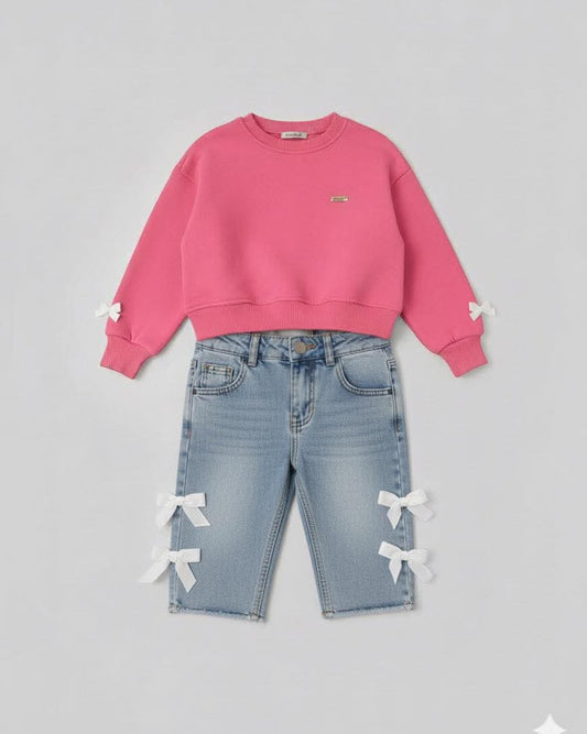 Girls' Cozy Hot Pink Bow Sweatshirt & Denim Jeans Set