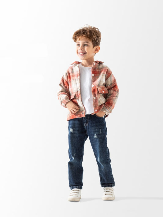 جاكيت فلانيل ثقيل كاروهات للأولاد باللونين البرتقالي والبيج - أناقة ودفء لا مثيل لهما.