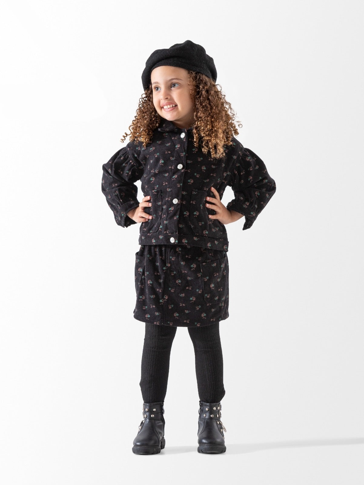 طقم شتوي أنيق للبنات (جاكيت وتنورة) من المخمل المضلع بنقشة الزهور