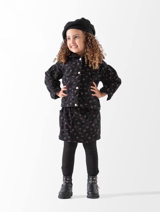 طقم شتوي أنيق للبنات (جاكيت وتنورة) من المخمل المضلع بنقشة الزهور