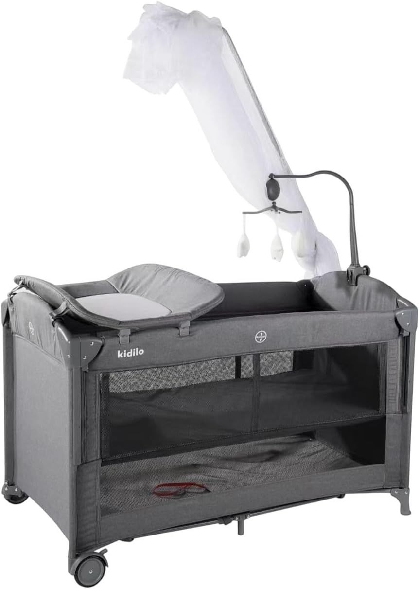 سرير أطفال كيديلو محمول ومتعدد الوظائف مع ناموسية - رمادي