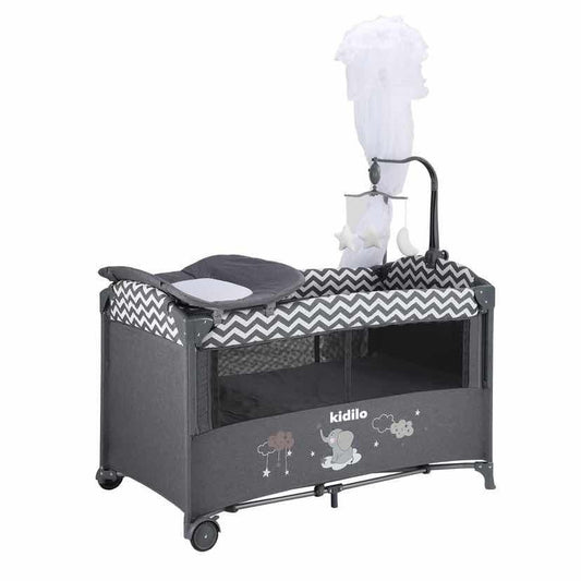 سرير وساحة لعب للأطفال من كيديلو (Kidilo) - متعدد الوظائف مع طاولة غيار وناموسية - موديل T-701L (رمادي غامق)