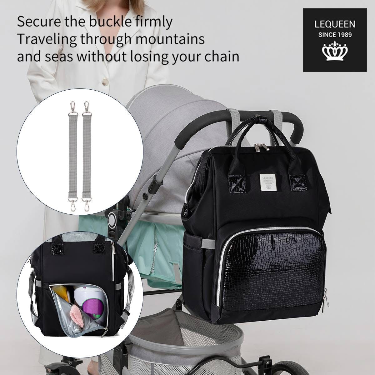Lequeen Diamond 7TH Edition Waterproof Original mommy bag - الجيل السابع الدايموند من ليكوين جلد طبيعي اسود image 9