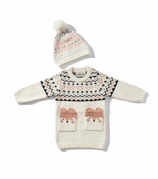 طقم سترة وقبعة منسوجة للأطفال بتصميم ثعلب ساحر وجذاب