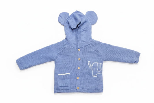 كارديغان صوف بغطاء رأس بتصميم فيل لطيف للأطفال - أزرق (قطعة مثالية لدفء وأناقة طفلك)