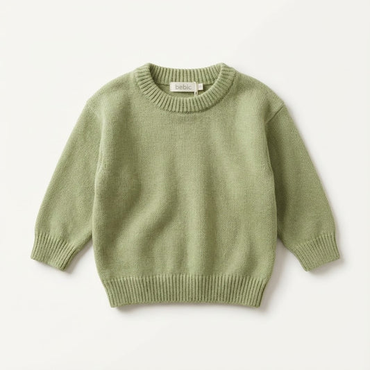 سويتر أطفال منسوج ناعم بلون أخضر مريمي هادئ، بقصة رقبة مستديرة، مناسب للجنسين (يونيسكس) وجذاب.