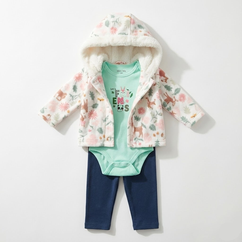 طقم بناتي 3 قطع: جاكيت صوف مزين بالورود وطقم "الأصدقاء" الجذاب.