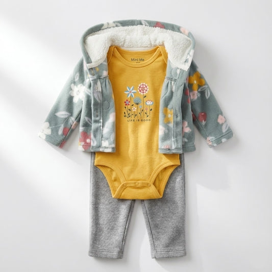 طقم بناتي 3 قطع: جاكيت صوف مزين بالورود، بادي "الحياة جميلة" وبنطلون أنيق.