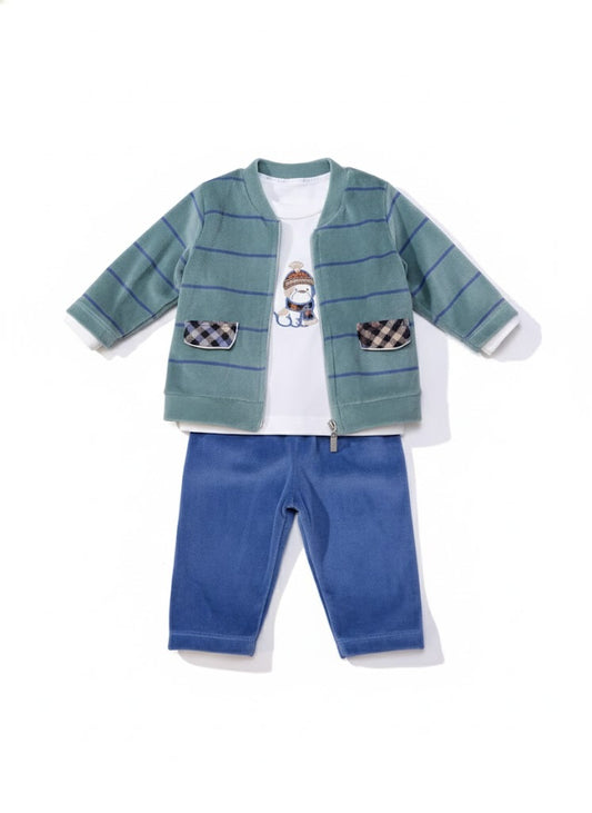 Cozy Baby Boy's Outfit - Green Striped Jacket & Blue Pants Set