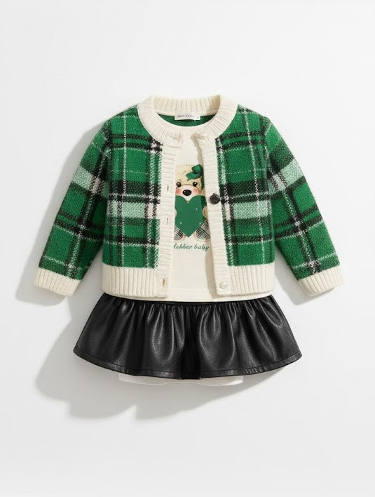 طقم كارديجان منقوش لطيف وتنورة من الجلد الصناعي للفتيات الصغيرات - إطلالة عصرية ومريحة!