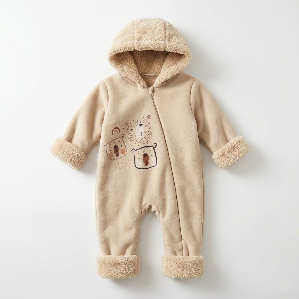 أفرول أطفال دافئ من الصوف باللون البيج مع رسم دب، مثالي للعربة.