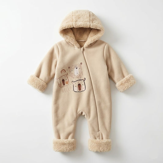 أفرول أطفال دافئ من الصوف باللون البيج مع رسم دب، مثالي للعربة.