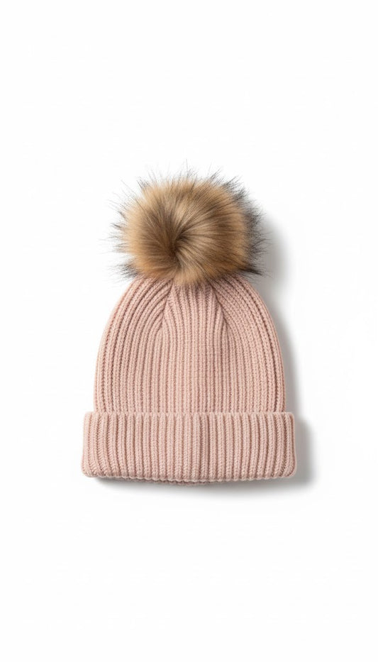 Pink Rib-Knit Baby Beanie with Faux Fur Pom-Pom