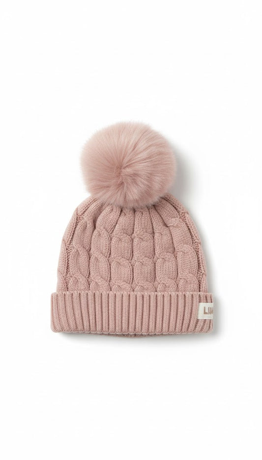 Soft Pink Cable Knit Baby Hat with Faux Fur Pom-Pom