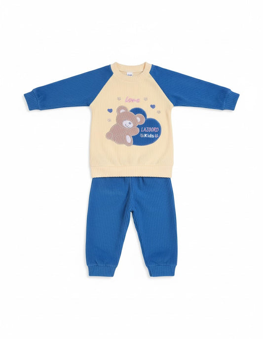 Kids' Ribbed Cotton Pajama Set - Blue & Beige Teddy Bear Design